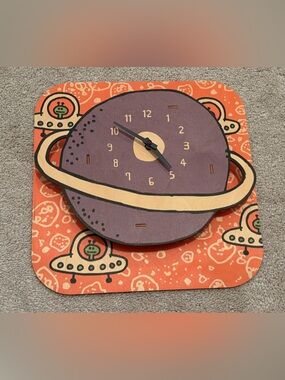 Modern Moose Kids Space Themed Wall Clock Aliens 3-D Wooden USA Made